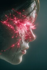 Close-up profile of a woman with glowing, red streaks