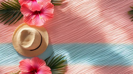 Flat lay of hibiscus flowers on sunset gradient striped fabric, beachy props, natural daylight, summer vibe. Created Using: flat lay photography, tropical styling, bright daylight, pastel gradients,