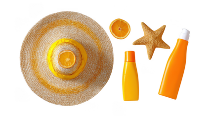 Summer essentials straw hat sunscreen bottles oranges and starfish isolated on transparent background