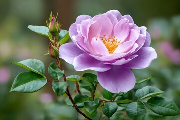 Obraz premium Purple rose blooming in spring with green leaves and buds