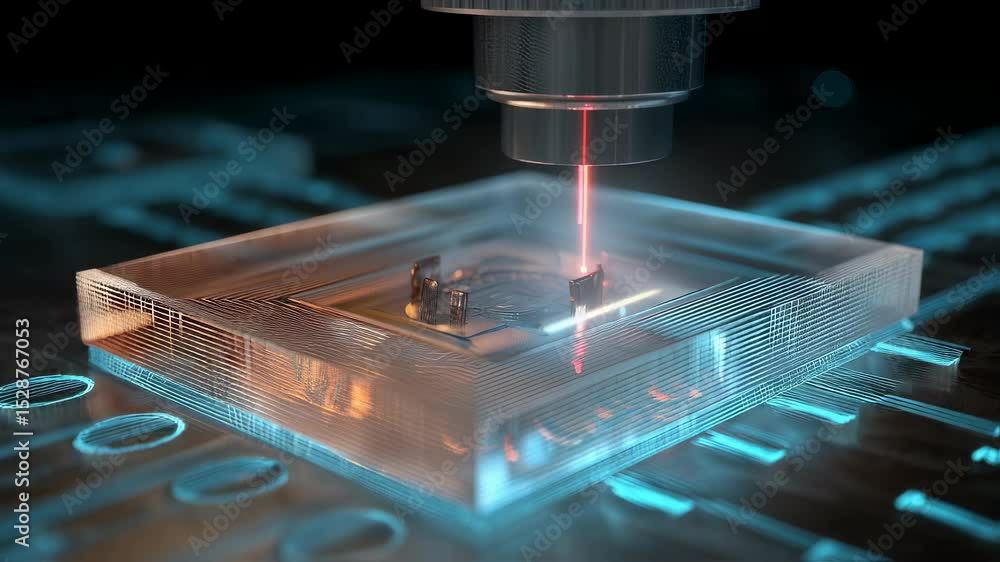 Poster complex machinery uses a laser to engrave a microchip encased in transparent material, positioned on