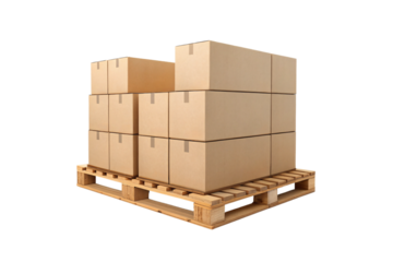 Stack of brown cardboard shipping boxes arranged in layers on wooden pallet for logistics, isolated on a transparent background