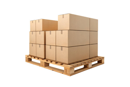 Fototapeta Stack of brown cardboard shipping boxes arranged in layers on wooden pallet for logistics, isolated on a transparent background