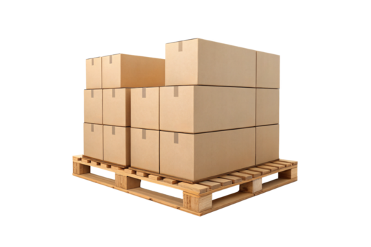 Stack of brown cardboard shipping boxes arranged in layers on wooden pallet for logistics, isolated on a transparent background