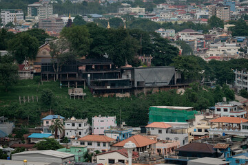 An aerial view of the Thai-Myanmar border during the construction of flood barriers by both Thailand and Myanmar to prevent flooding.