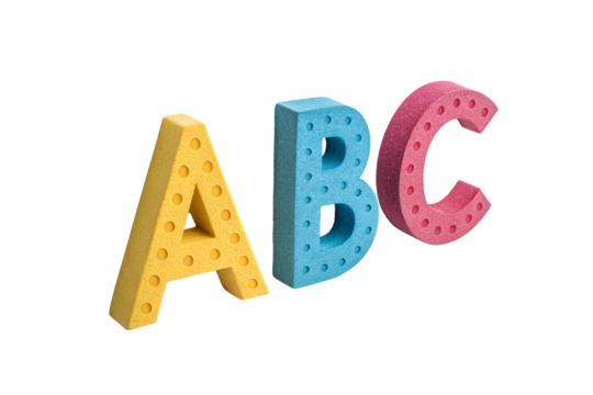 Colorful foam letters A B C in yellow blue pink displaying alphabet learning toys, isolated on a transparent background