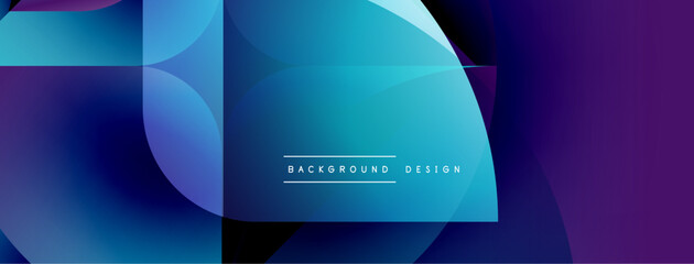 Abstract geometric shapes blend blues, purples. Modern design features overlapping circles, squares. Text reads background design. Minimalist aesthetic.