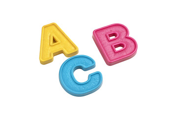 Naklejka premium Scattered colorful alphabet blocks A B C in yellow pink blue for early learning, isolated on a transparent background