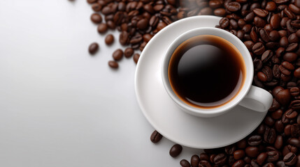 Obraz premium Steaming cup of black coffee on white background with scattered roasted beans. 