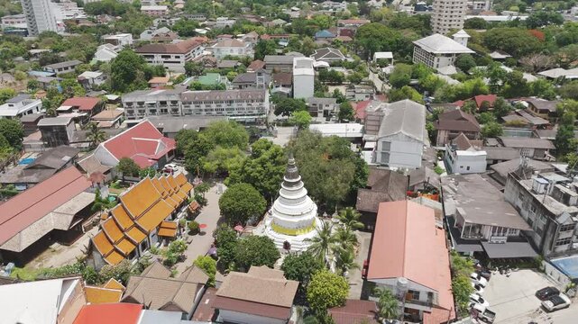 Ancient Wat Ket Karam Buddhist Temple Along Ping River In Chiang Mai, Thailand. Aerial Drone Shot