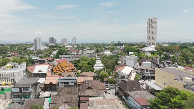 City Neighbourhood Of Wat Ket Karam In Mueang Chiang Mai District, Chiang Mai, Thailand. Aerial Drone Shot