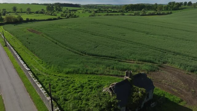 Caledon Border Wall, County Tyrone, Northern Ireland, May 2023. Drone pulls back then slowly descends, lush green fields, historic stone walls and rural charm.