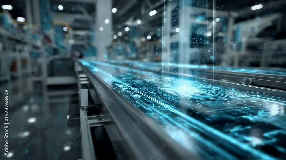 Poster digital information flows along a conveyor belt, carrying microchips through an advanced automated f