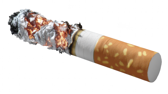 Burning cigarette closeup isolated on transparent background