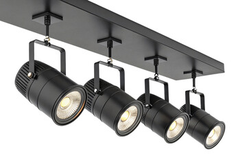 Four black LED track lighting fixtures mounted on rectangular ceiling rail with warm illumination, isolated on a transparent background