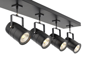Four black LED track lighting fixtures mounted on rectangular ceiling rail with warm illumination, isolated on a transparent background