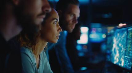 Focused cybersecurity team analyzing data on computer screens in dark control center.
