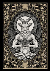 The baphomet holding crown on engraving ornament frame - Vector