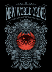 Illustration New World Order Conspiracy, All Seeing Eye on Engraving Frame - Vector Design