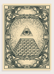 Illustration Illuminati Pyramid All Seeing Eye Vintage Engraving Frame - Vector Design