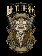 The baphomet holding crown on engraving ornament frame - Vector Illustration