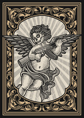 Cupid Angel Skull with Assault Rifle on Vintage Engraving Frame - Vector Design