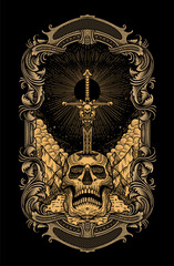 Illustration Dark Sword Skull with Vintage Engraving Frame - Vector Design.