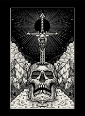 Illustration of a sword piercing through a skull, showcasing detailed gothic ornamentation and dark symbolism in a black and white style
