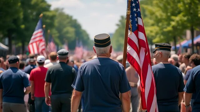 Veterans Marching with American Banner at July 4th Celebration