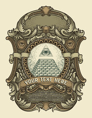 Illustration Illuminati Pyramid All Seeing Eye Vintage Engraving Frame - Vector Design