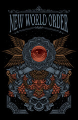 Illustration New World Order Conspiracy, All Seeing Eye on Engraving Frame - Vector Design