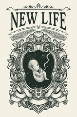 Illustration New Life Fetus with Skull Engraving Ornate Frame - Vector design