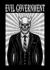 Illustration vintage engraving of a horned skull in a suit, symbolizing evil government.