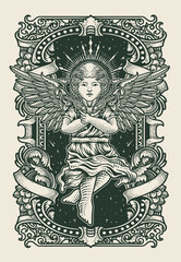 vintage style illustration of an angel holding pistols, surrounded by gothic details with engraving ornament style.