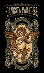 Cupid Angel Skull with Assault Rifle on Vintage Engraving Frame - Vector Design