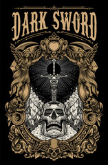 Dark Sword Skull with Angels Ornate Vintage Engraving Frame - Vector Design.