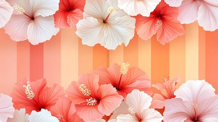 Obraz premium Minimalist pattern of hibiscus on sunset gradient stripes, clean modern design, tropical elegance. Created Using: digital illustration, flat pastel colors, clean lines, minimalist design,