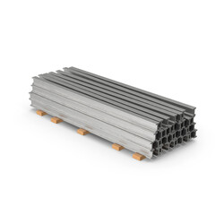Stack of Steel I-Beams on Wooden Supports Isolated on Transparent Background