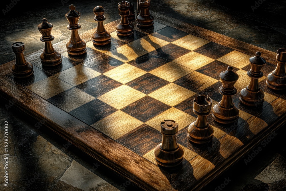 Poster wooden chessboard set up for an engaging match in soft lighting with light and shadow play, wooden c