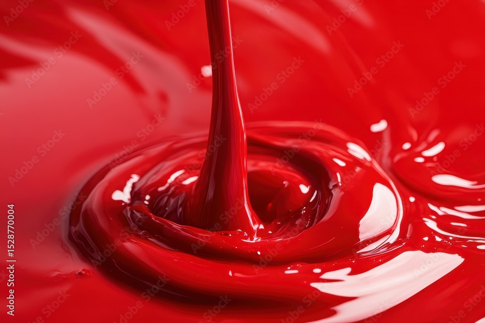 Poster red metallic paint pours gracefully into a smooth surface, creating mesmerizing swirls and textures,
