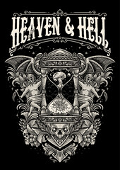 Heaven and Hell Hourglass with Angelic Demons and engraving ornament style