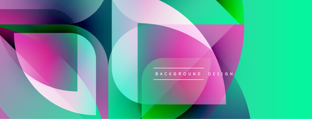 Abstract geometric shapes overlap, creating vibrant color gradients. Turquoise, pink, purple hues dominate design. Modern aesthetic.