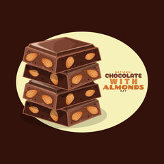 National Chocolate with Almonds Day to celebrate on July 8th. Almond chocolate bar pieces stacked in frame on dark brown background. Food event banner.