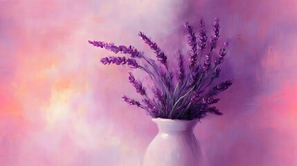 Oil painting of lavender in a white ceramic vase against lilac striped wallpaper, soft candlelight glow. Created Using: oil on canvas, impressionist brushwork, warm soft lighting, pastel palette,