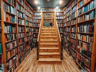 Fototapeta premium Wooden staircase in a large, book-filled room