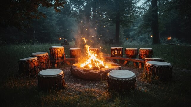 Nighttime drum circle around bonfire