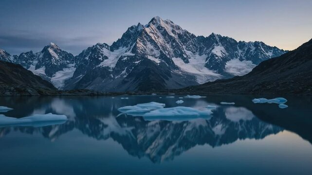 Snowy Mountain Peaks Reflected in Calm Lake at Sunset Landscape Scenery