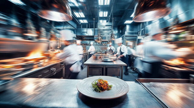 Professional chefs working in a fast-paced restaurant kitchen with plated dishes in foreground.
 - Powered by Adobe