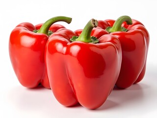 Vibrant Red Bell Pepper Flat Lay: A flat lay of vibrant red bell peppers arranged neatly on a white background, showcasing the vegetable's shiny texture and rich color.