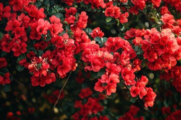 Blooming red flower trees create a vibrant atmosphere in the park during springtime, Blooming red flower trees in the park, beautiful flowers in spring
